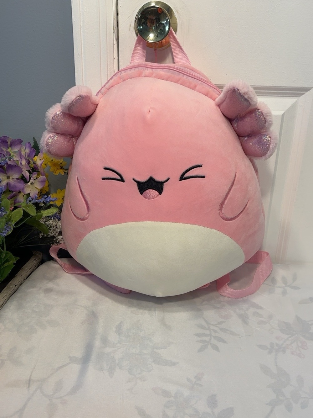 Plush Pink Kids Backpack - Cute Axolotl Design